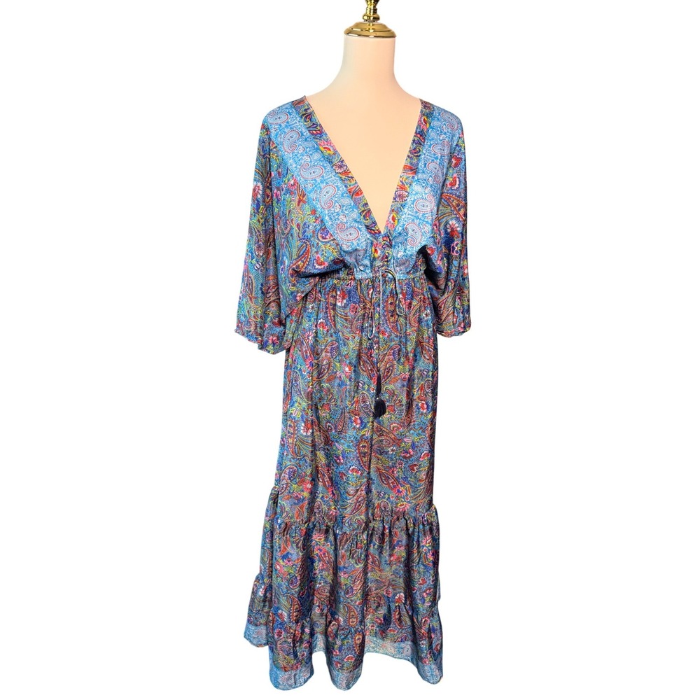 Zury Blue Paisley Silk Blend V-Neck Maxi Dress Ruffle Boho Free Size Kaftan